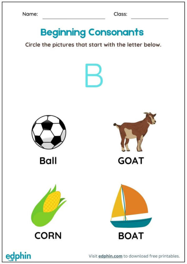 Circle The Beginning Consonant Words Worksheet With Answer
