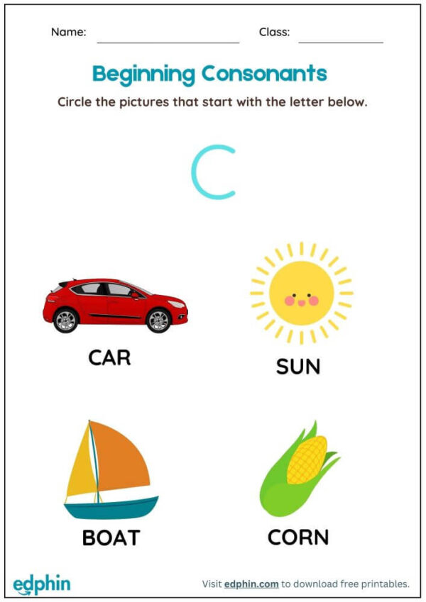 Circle The Beginning Consonant Words Worksheet With Answer - Image 2