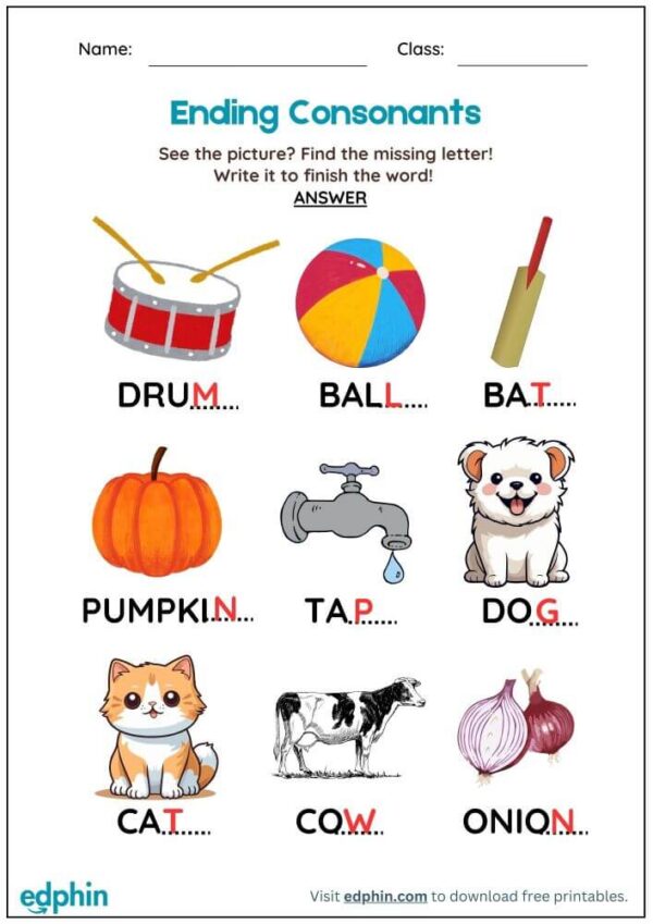 Write The Ending Consonant Sound Worksheet With Answer - Image 3