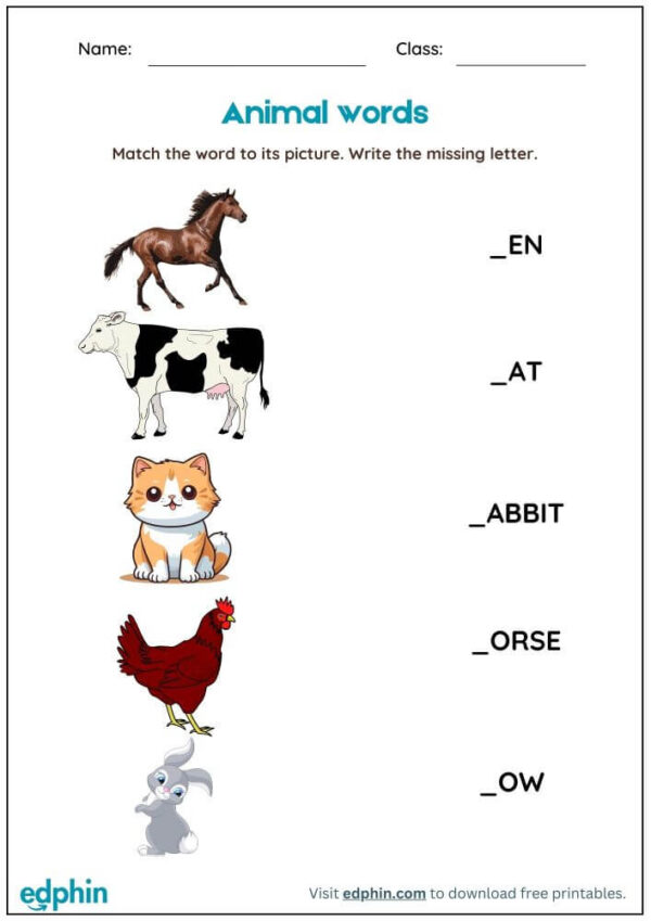 Animal Words: Missing Letter Worksheet With Answer - Image 2