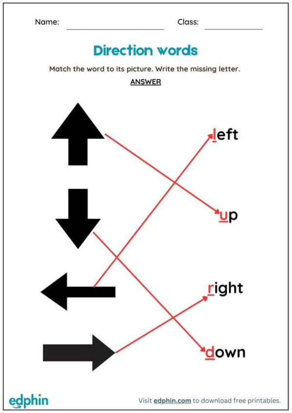 Body Direction Words: Missing Letter Worksheet With Answer - Image 3