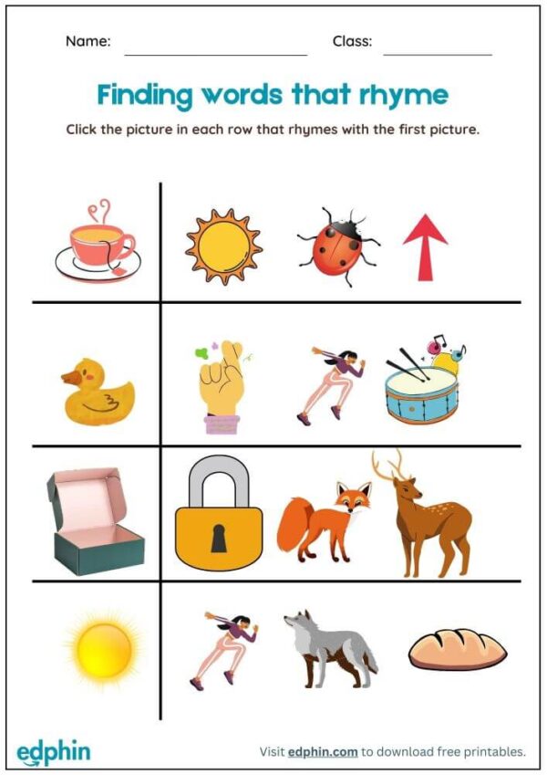 Circle Rhyming Pictures Worksheet With Answer