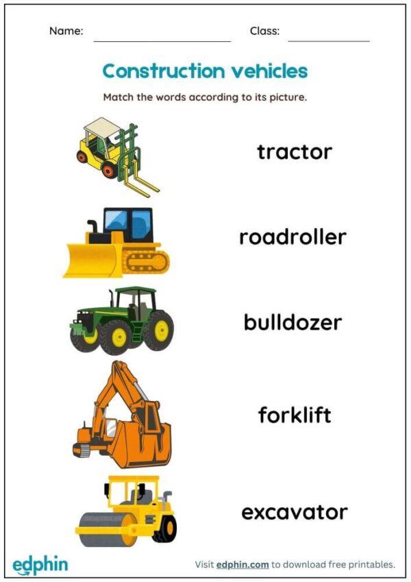 Construction Vocabulary: Match Words With Pictures Worksheet With Answers