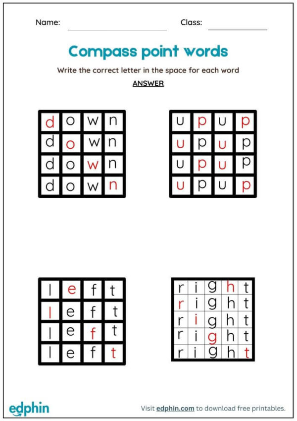 Direction Words: Hidden Letter Worksheet With Answer - Image 3