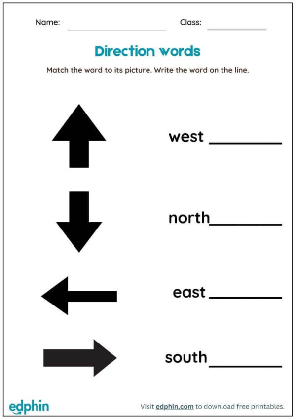 Direction Words: Missing Letter Worksheet With Answer