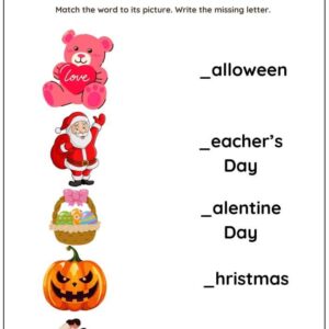 Holidays Words Worksheet : Match Words with Picture Worksheet With Answer