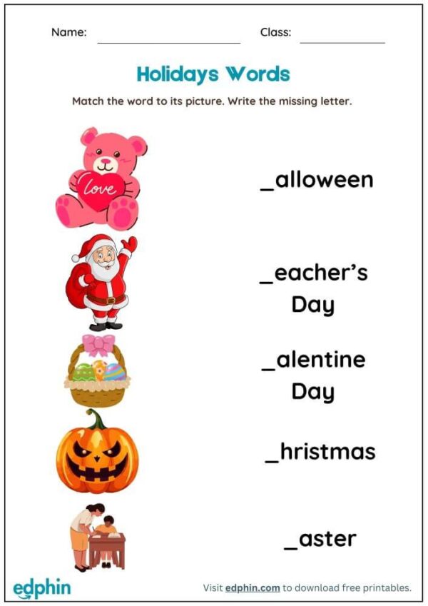 Holidays Words Worksheet : Match Words with Picture Worksheet With Answer
