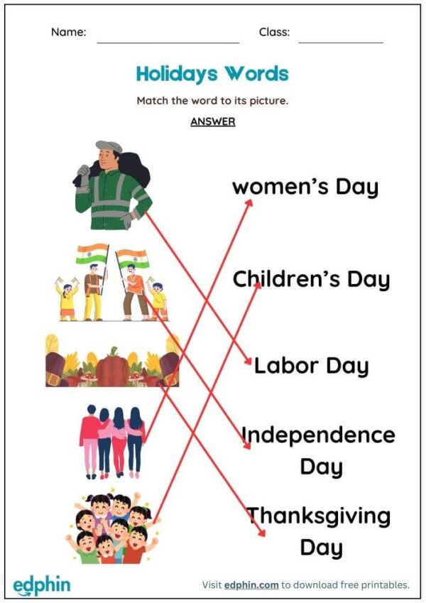 Holidays Words Worksheet : Match Words with Picture Worksheet With Answer - Image 3