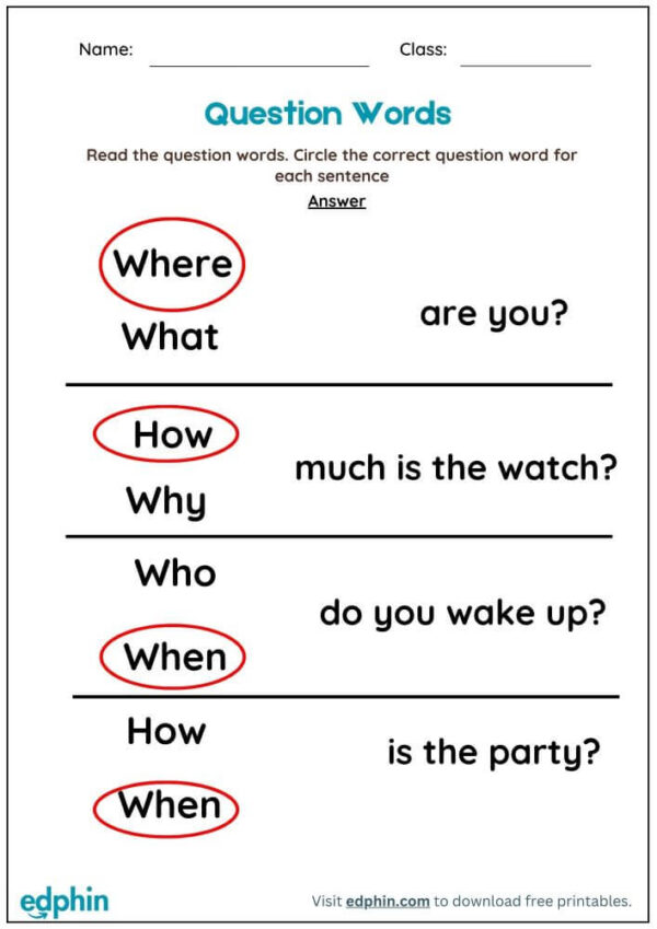 Identify Question Words Worksheet With Answer - Image 3