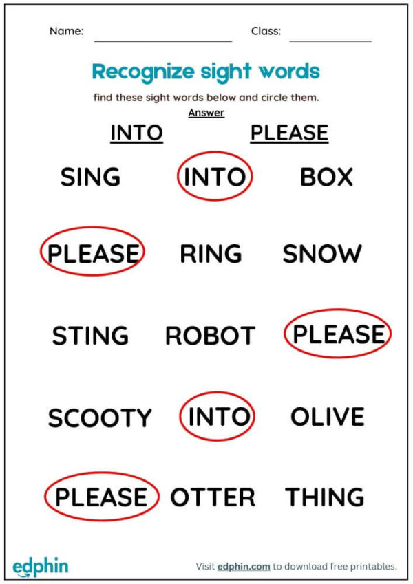 Identify Sight Words Worksheet: Match Words with Picture Worksheet With Answer - Image 3