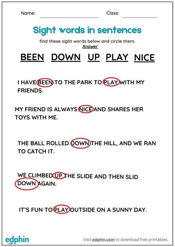 Identify Sight Words in Sentences Worksheet: Match Words with Picture Worksheet With Answer - Image 3