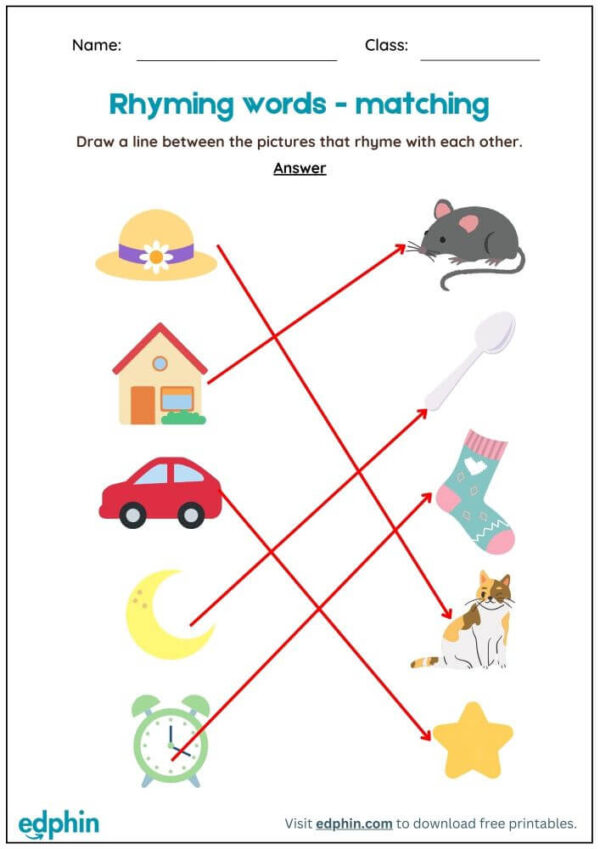 Matching Rhyming Pictures Worksheet With Answer - Image 3
