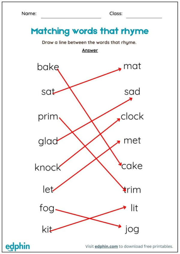 Matching Rhyming Words Worksheet With Answer - Image 3