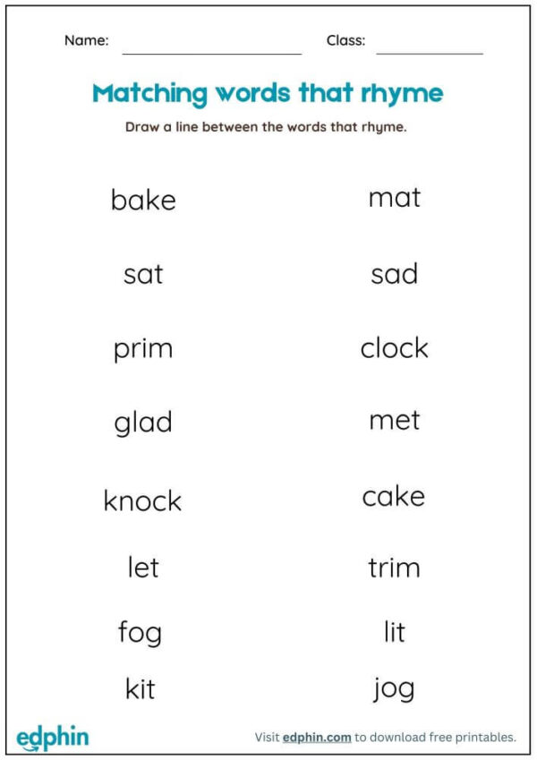 Matching Rhyming Words Worksheet With Answer