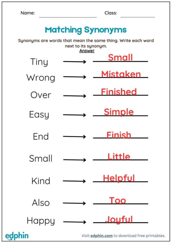 Matching Synonyms Worksheet With Answer - Image 3