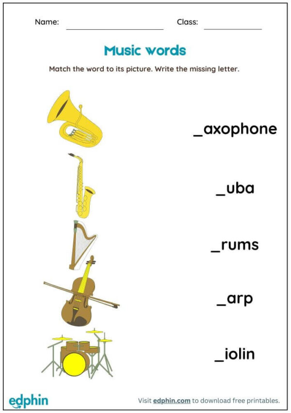 Music Words Worksheet : Match Words with Picture Worksheet With Answer - Image 2