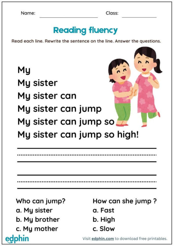 Kindergarten Reading Fluency Worksheet With Answers