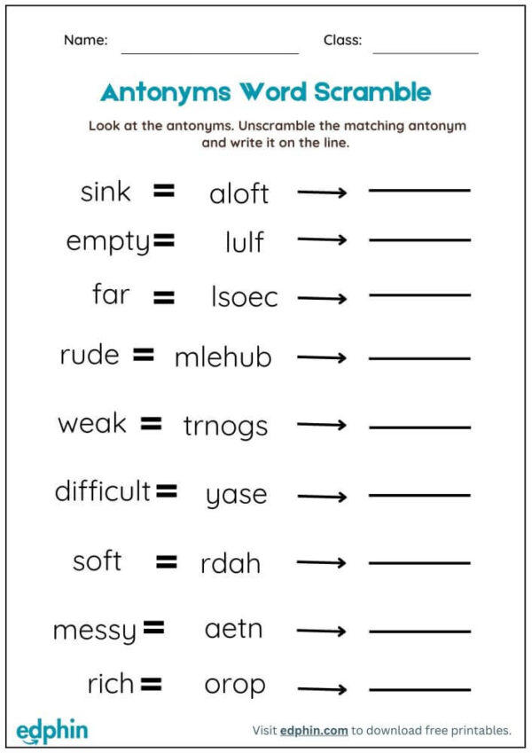 Antonyms Word Scramble Worksheet With Answers