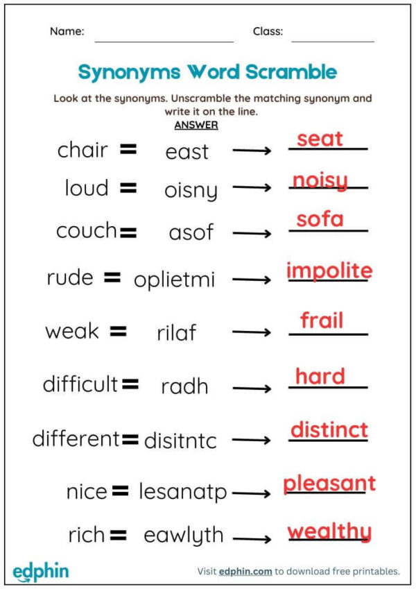 Synonyms Word Scramble Worksheet With Answer - Image 3
