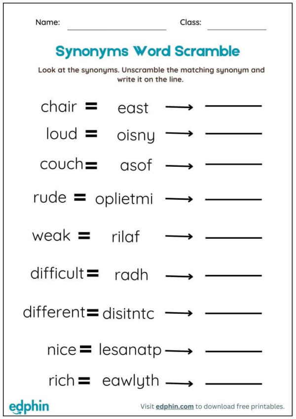 Synonyms Word Scramble Worksheet With Answer - Image 2