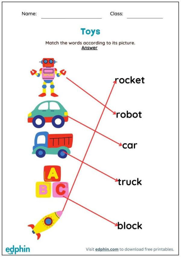 Toys Vocabulary: Match Words With Pictures Worksheet With Answers - Image 3