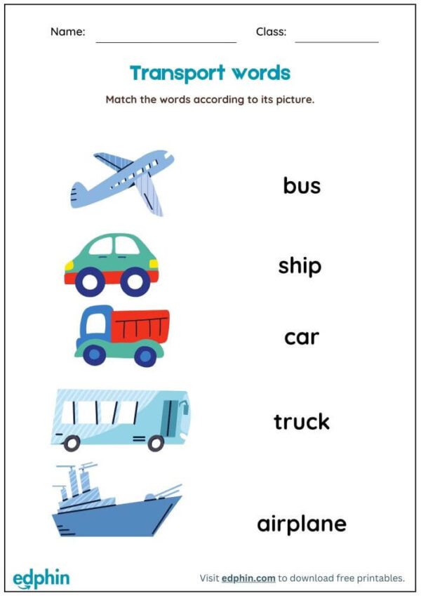 Transport Vocabulary: Match Words With Pictures Worksheet With Answers