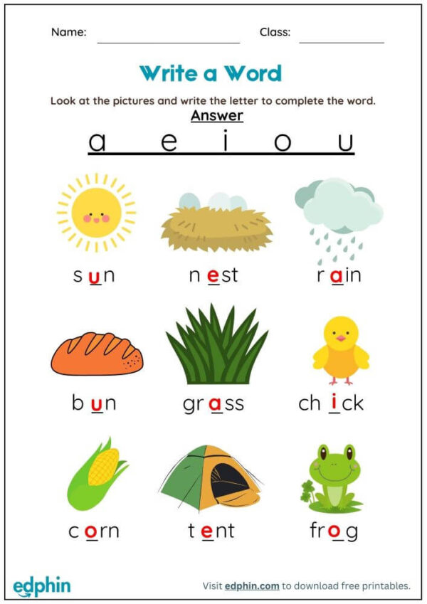 Missing Vowel Worksheet With Answer - Image 3