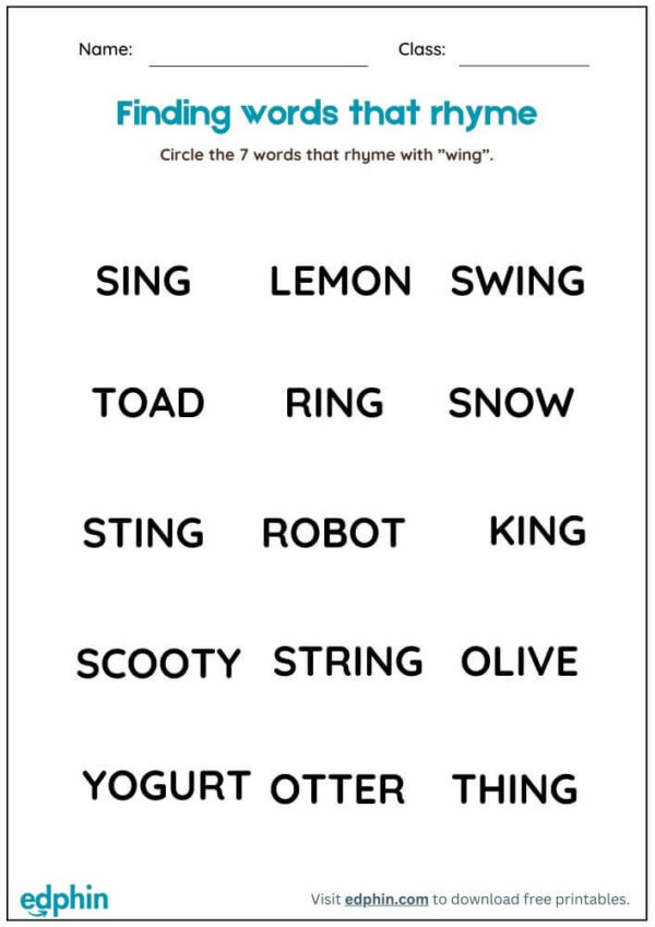 Find Rhyming Words Worksheet With Answer