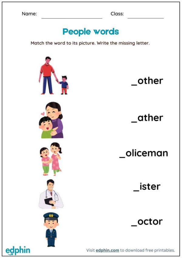 People Words Worksheet : Match Words with Picture Worksheet With Answer