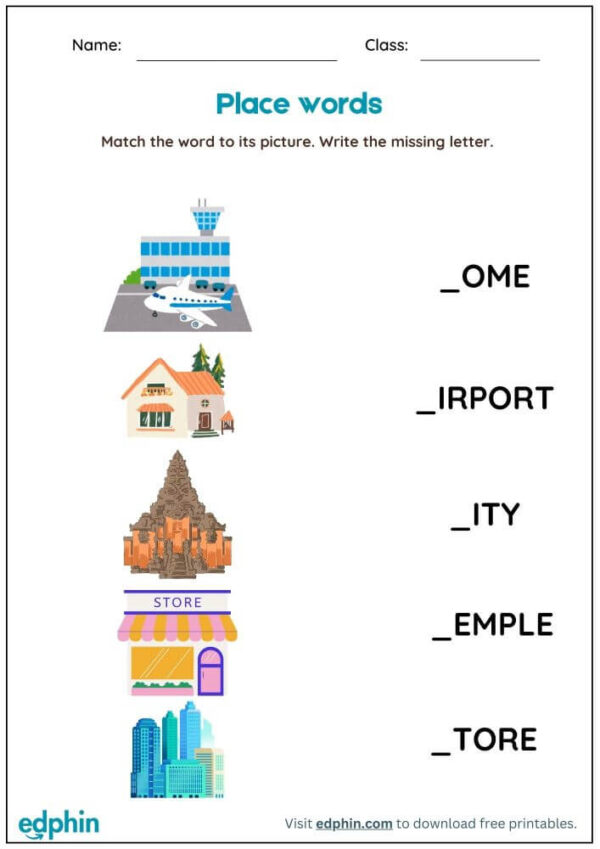 Place Words Worksheet : Match Words with Picture Worksheet With Answer