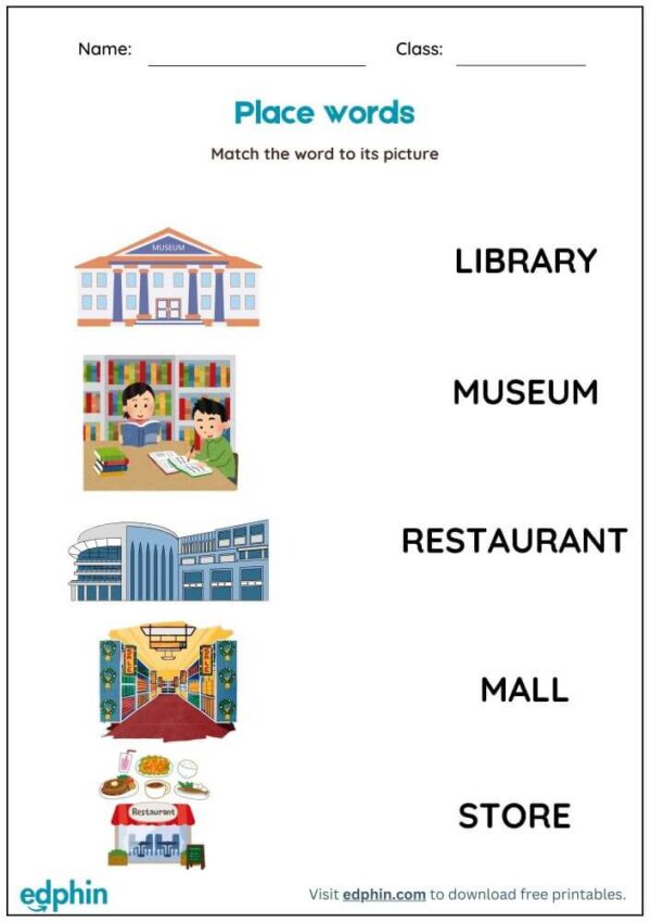 Place Words Worksheet : Match Words with Picture Worksheet With Answer - Image 2