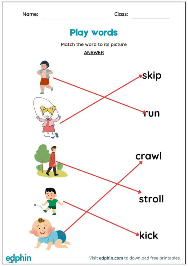 Play Words Worksheet : Match Words with Picture Worksheet With Answer - Image 3