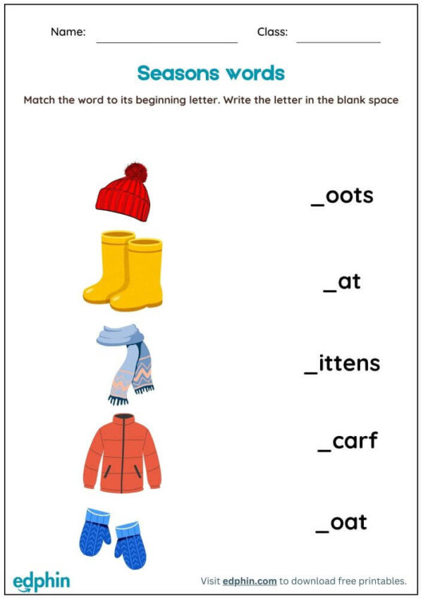 Season Words Worksheet : Match Words with Picture Worksheet With Answer