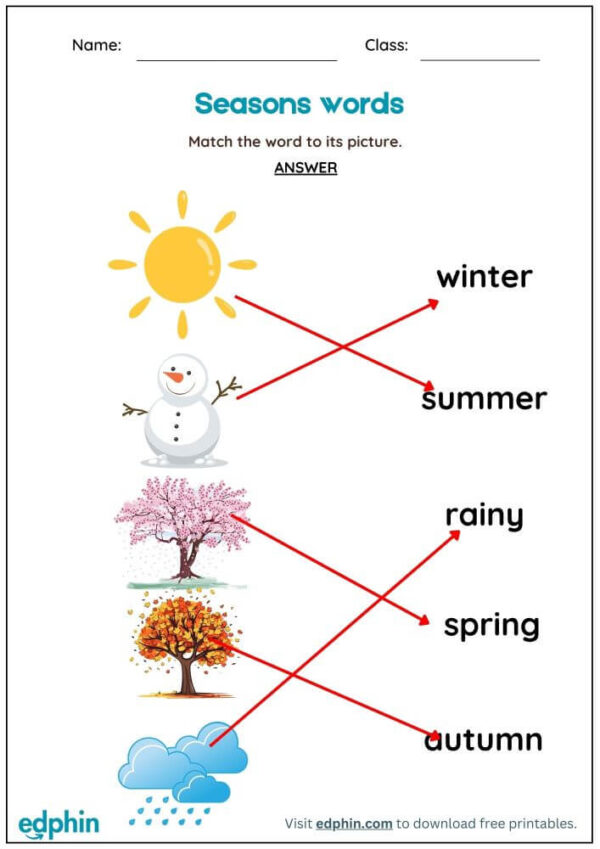 Season Words Worksheet : Match Words with Picture Worksheet With Answer - Image 3