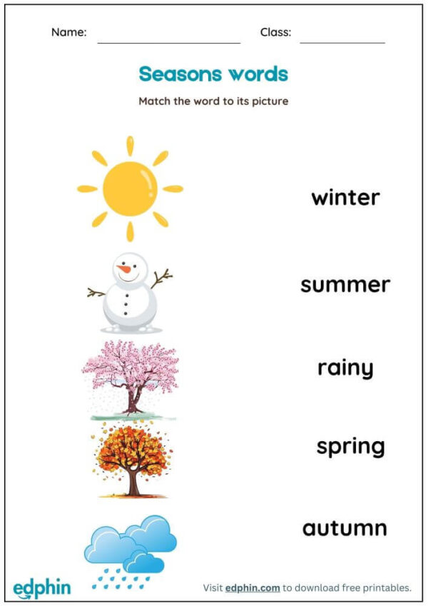 Season Words Worksheet : Match Words with Picture Worksheet With Answer - Image 2