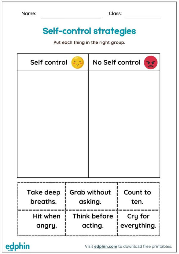 Self-Control Worksheet With Answers