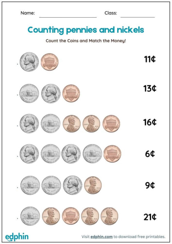 Counting Coins & Match The Value Worksheet With Answers