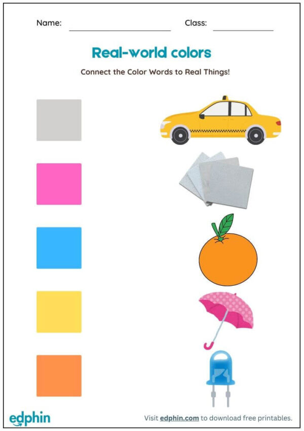 Match Objects To Their Colors Worksheet With Answers