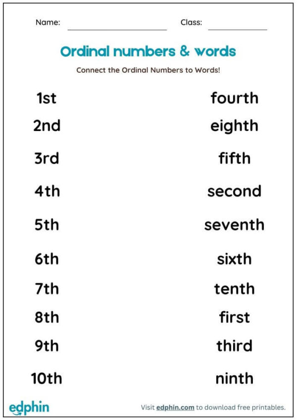 Match Ordinal Numbers To Their Words Worksheet With Answers