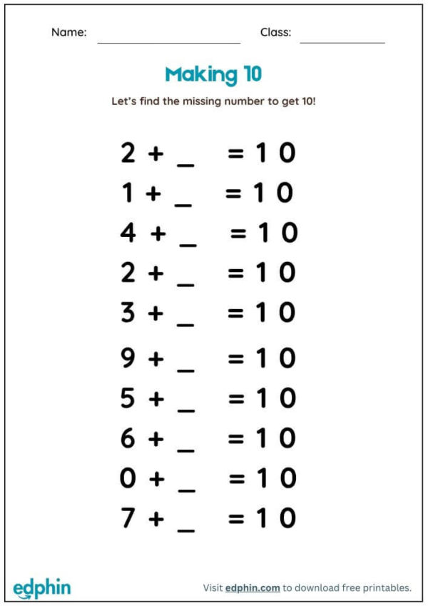 Missing Number Addition Within 10 & 20 Worksheet With Answers