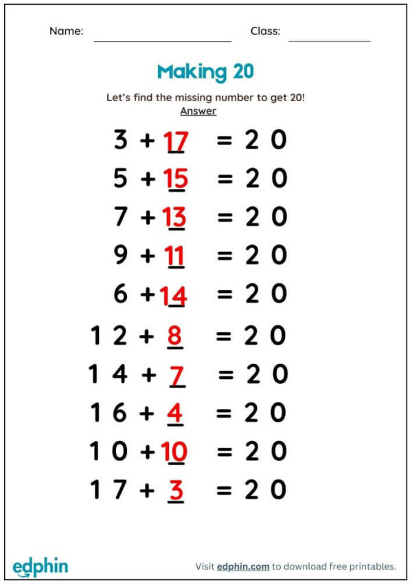 Missing Number Addition Within 10 & 20 Worksheet With Answers - Image 3