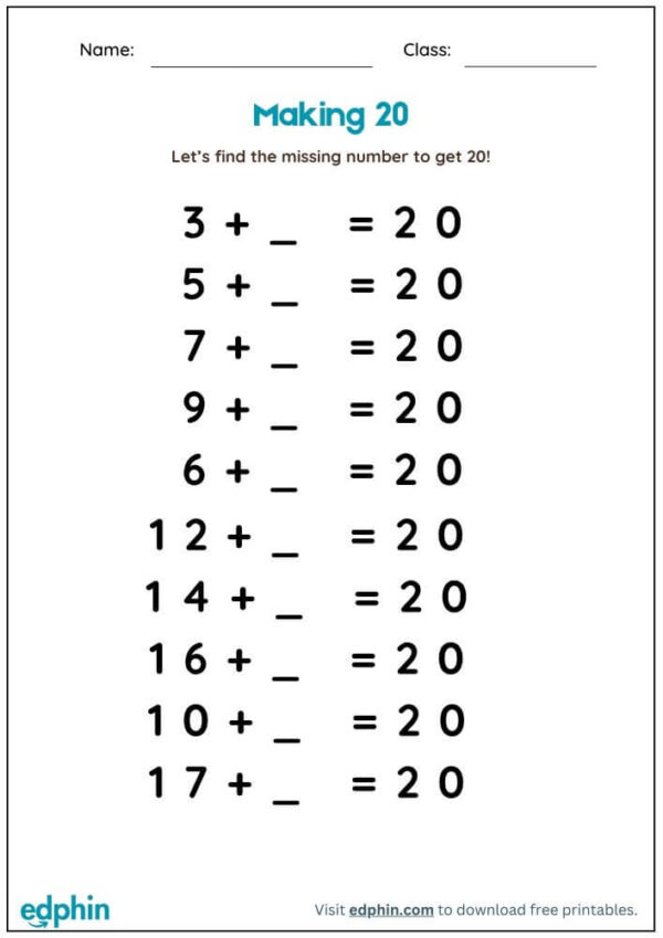Missing Number Addition Within 10 & 20 Worksheet With Answers - Image 2