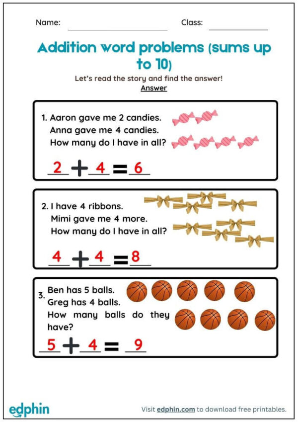 Addition Word Problems (Sum Up To 10) Worksheet With Answers - Image 3