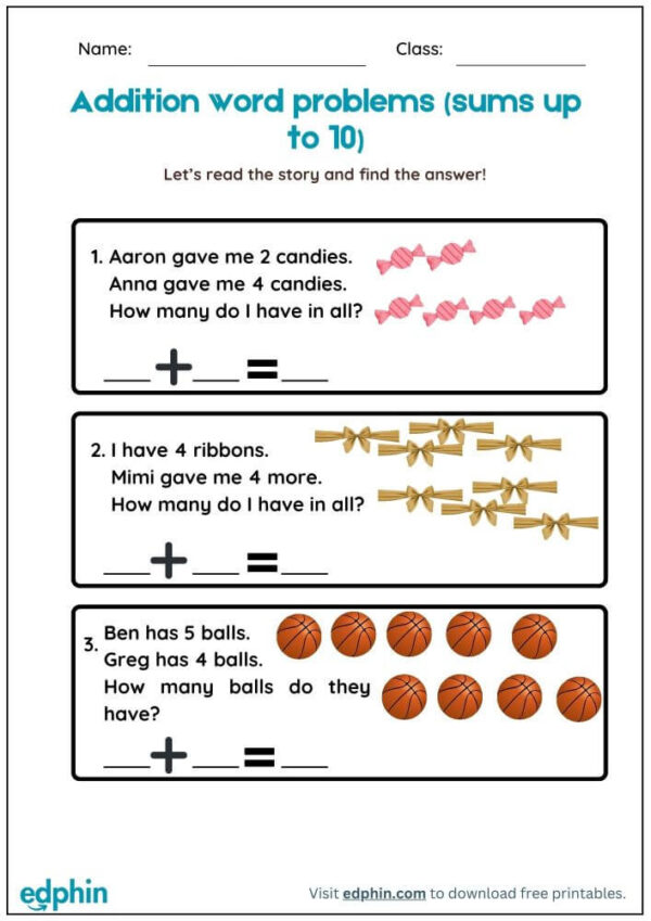 Addition Word Problems (Sum Up To 10) Worksheet With Answers