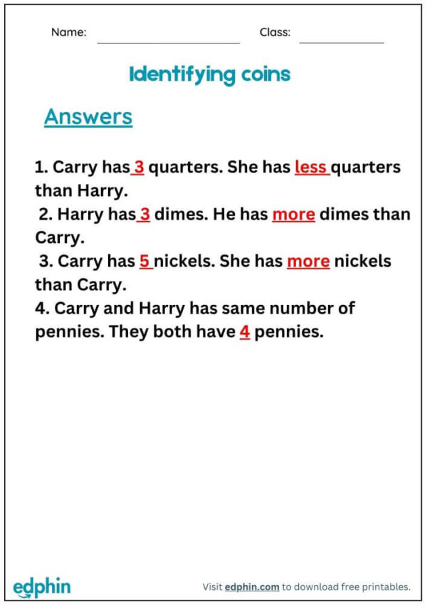 Identify And Sort Coins Worksheet With Answers - Image 3