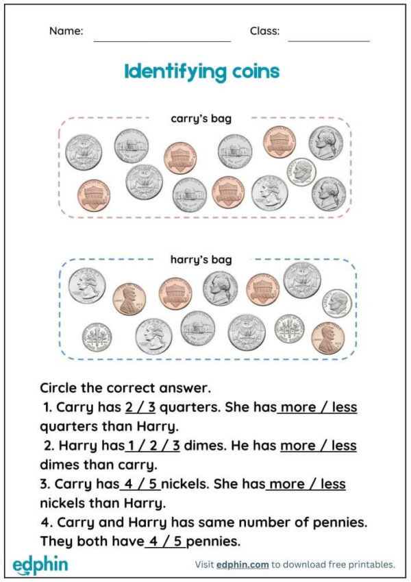 Identify And Sort Coins Worksheet With Answers - Image 2