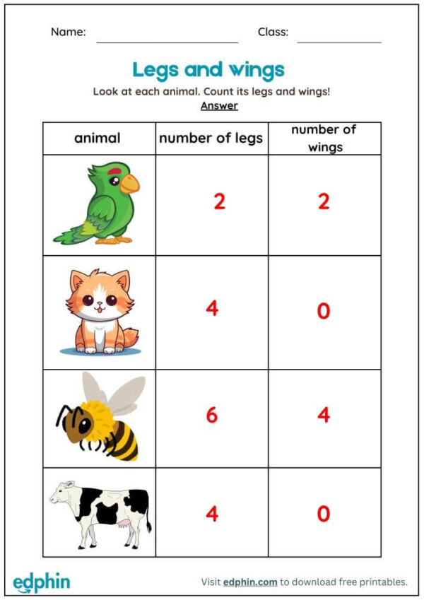 Legs & Wings Of Animals Worksheet With Answers - Image 3