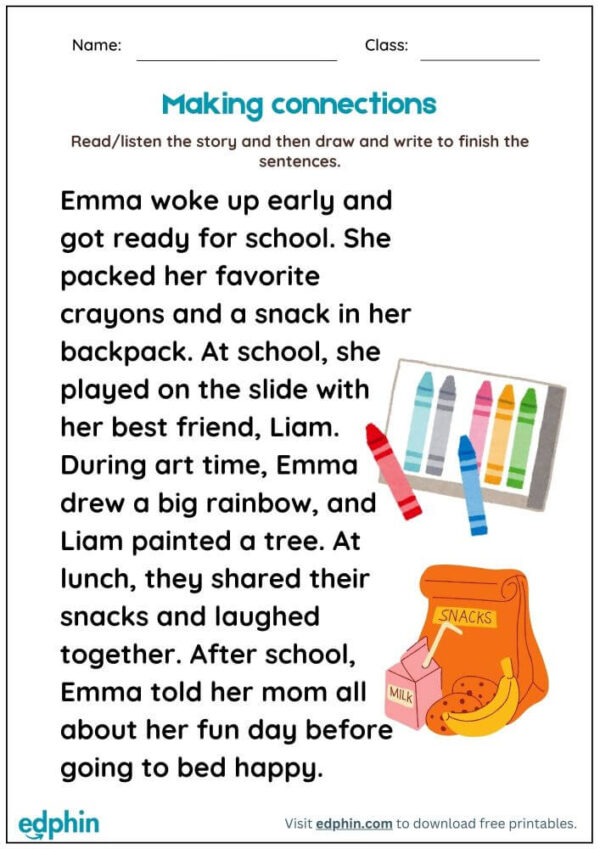 Making Connections Reading Worksheet For Kindergarten With Answers