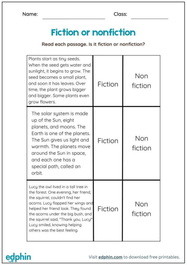Identify Fiction Or Non-Fiction Worksheet For Kindergarten With Answer