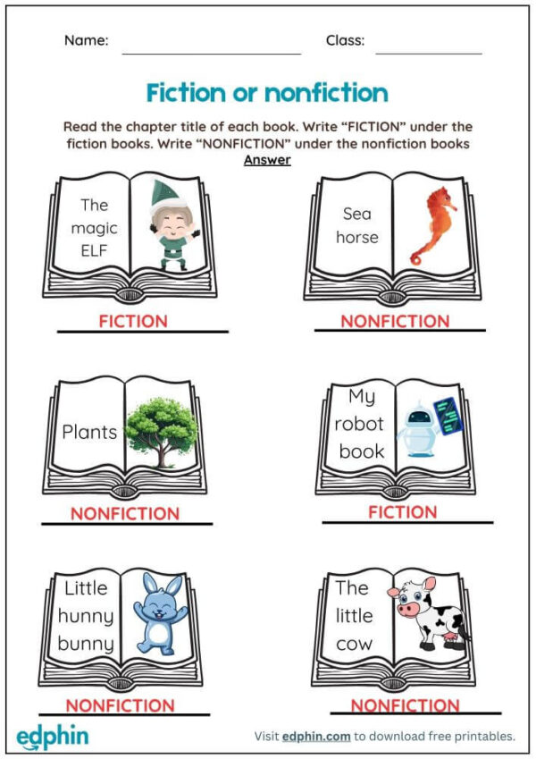 Identify Fiction Or Non-Fiction Worksheet For Kindergarten With Answer - Image 3